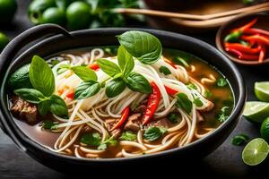 en skål av asiatisk nudel soppa med kött och grönsaker. ai-genererad foto