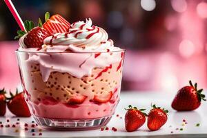 en jordgubb milkshake med vispad grädde och jordgubbar. ai-genererad foto