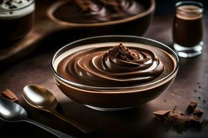 choklad pudding i en glas skål. ai-genererad foto