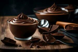 choklad pudding i en glas skål. ai-genererad foto