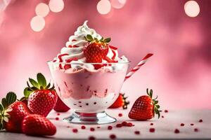 en jordgubb fruktglass med vispad grädde och jordgubbar. ai-genererad foto