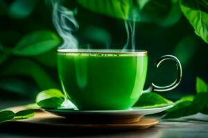 grön te i en kopp med löv. ai-genererad foto
