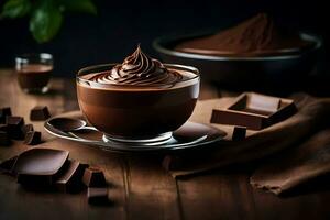 choklad pudding i en glas kopp. ai-genererad foto
