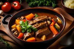 en skål av nötkött gryta med grönsaker och örter. ai-genererad foto