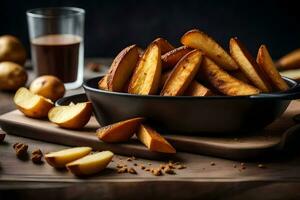 potatis pommes frites i en svart skål på en trä- tabell. ai-genererad foto