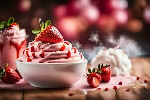en jordgubb is grädde med vispad grädde och jordgubbar. ai-genererad foto