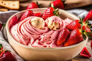 en skål av is grädde med jordgubbar och kex. ai-genererad foto