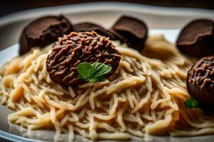 en tallrik av spaghetti med choklad täckt bollar. ai-genererad foto