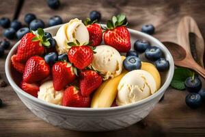 en skål av is grädde med jordgubbar, blåbär och bananer. ai-genererad foto