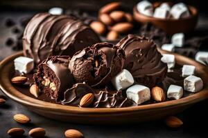 choklad täckt mandlar och marshmallows på en tallrik. ai-genererad foto