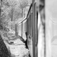 shimla, himachal Pradesh, Indien - augusti 14, 2023 - leksak tåg kalka-shimla rutt, rör på sig på järnväg till de kulle, leksak tåg från kalka till shimla i Indien bland grön naturlig skog foto