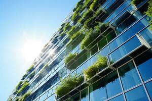 miljövänlig byggnad i de modern stad. hållbar glas kontor byggnad med träd för minska kol dioxid. kontor byggnad med grön miljö. företags- byggnad minska co2. generativ ai foto