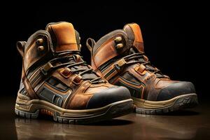 par av orange säkerhet läder skor isolerat på mörk bakgrund. arbete skor för män i fabrik eller industri till skydda fot från olycka. säkerhet Skodon. olja och syra resistent skor. generativ ai foto
