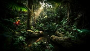 ai genererad tropisk regnskog, grön löv, lugn scen, djur, äventyr, mystisk sten genererad förbi ai foto