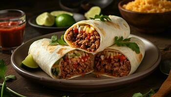 ai genererad färsk hemlagad taco på en tallrik med grillad kött och grönsaker genererad förbi ai foto