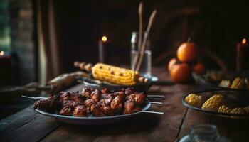 ai genererad en gourmet mexikansk måltid med grillad kött, färsk grönsaker, och sås genererad förbi ai foto