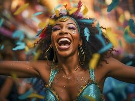 människor njuter gata karneval festival, vänner skrattande utomhus i kostymer. notering kulle karneval artist. ai genererad foto