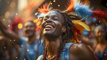 människor njuter gata karneval festival, vänner skrattande utomhus i kostymer. notering kulle karneval artist. ai genererad foto