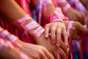 rosa oktober - kvinnor tillsammans med rosa band i bröst cancer medvetenhet, rosa band de emblem av hoppas. tillsammans, vi är starkare. vi kommer slå bröst cancer. ai generativ foto