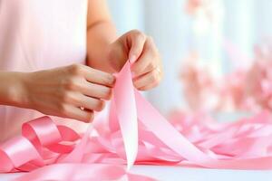 en kraftfull gest av solidaritet - en kvinna delikat vävar en rosa band, minns de betydelse av tidigt upptäckt av bröst cancer. förebyggande är vår skydda mot bröst. ai generativ foto