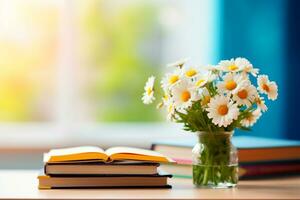 lärare dag - bok och blommor delikat anordnad på de tabell, fira de tillägnande och tillgivenhet av pedagoger. en särskild hyllning till de där vem form sinnen och hjärtan. foto