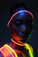 porträtt av ung afrikansk amerikan kvinna i neon ljus. ai genererad foto