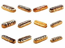 ai genererad franska eclair bakverk samling isolerat på vit bakgrund foto