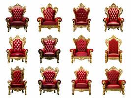röd och guld tron stol samling isolerat på vit bakgrund med ai genererad. foto