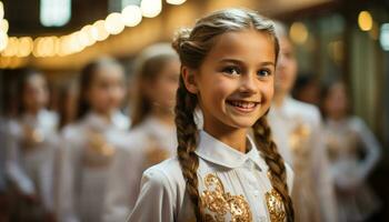 ai genererad elegant brud danser på skede, fira kärlek och skönhet genererad förbi ai foto