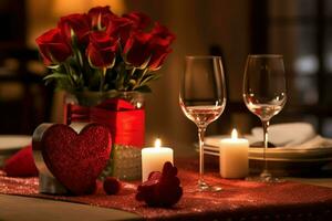 ai genererad tabell dekorerad för en romantisk middag med två champagne glasögon, bukett av röd ro eller ljus begrepp förbi ai genererad foto