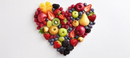 kreativ diet mat friska äter begrepp Foto av hjärta tillverkad av färsk frukt och sommar bär full av vitaminer som en symbol av roman kärlek valentine Semester på vit bakgrund. generativ ai