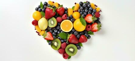 kreativ diet mat friska äter begrepp Foto av hjärta tillverkad av färsk frukt och sommar bär full av vitaminer som en symbol av roman kärlek valentine Semester på vit bakgrund. generativ ai
