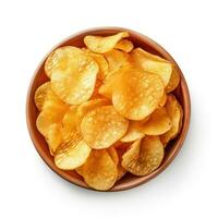 skål av Krispig vågig potatis pommes frites eller chips isolerat på en vit bakgrund, topp se. generativ ai. foto