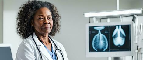 ai genererad mitten åldrig afrikansk amerikan kvinna läkare i sjukhus, vit färger. detta Foto var genererad använder sig av lekplats ai
