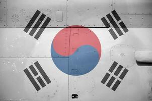 söder korea flagga avbildad på sida del av militär armerad helikopter närbild. armén krafter flygplan konceptuell bakgrund foto