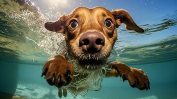 rolig hund simmar under vattnet med en stor Vinka på de bakgrund. ai genererad foto