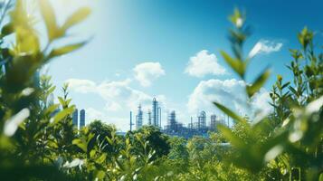 kemisk industriell växt omgiven förbi grön träd och blå himmel på en sommar dag. foto