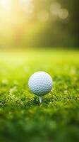 stänga upp Foto av en golf boll på tee med suddig grön bokeh bakgrund. perfekt för använda sig av i golf relaterad reklam, social media inlägg, eller hemsida mönster. generativ ai