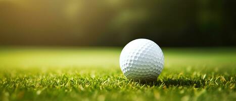 stänga upp Foto av en golf boll på tee med suddig grön bokeh bakgrund. perfekt för använda sig av i golf relaterad reklam, social media inlägg, eller hemsida mönster. generativ ai