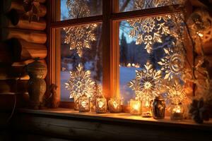 invecklad snöflingor dansa på en mysigt stuga fönsterbräda, upplyst förbi de värma glöd av en öppen spis. generativ ai foto