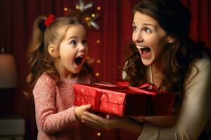 ai genererad mor och dotter med gåva låda i de rum med jul träd, barn dotter överraskning mamma ger henne en gåva, ai genererad foto