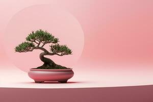 ai genererad miniatyr- bonsai träd i en keramisk pott på en bakgrund med en kopia Plats. foto