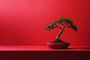 ai genererad miniatyr- bonsai träd i en keramisk pott på en bakgrund med en kopia Plats. foto