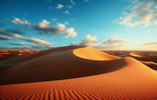 solnedgång över de öken- sand sanddyner. de sahara öknen torr landskap. ai generativ foto
