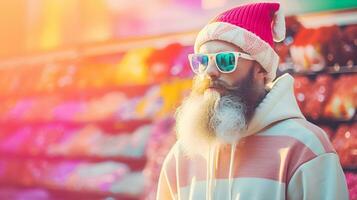 hipster santa i en handla köpcenter håller på med hans jul handla. ai genererad foto