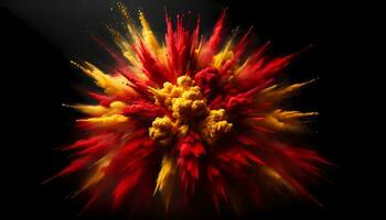 en dynamisk och dramatisk explosion av röd och gul pulver på en svart bakgrund. ai genererad foto