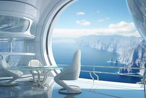 vit futurism möbel, bord, och stolar, sci-fi landskap, fönster perspektiv, utveckla rymdfarkoster, kopia Plats, lugn oceanisk vyer, bulbös skärm toner, grandios arkitektur, generativ ai foto