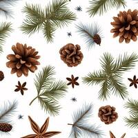 jul bakgrund terar tall grenar, kottar, och stjärna anis isolat symboler för en ny år mönster. foto
