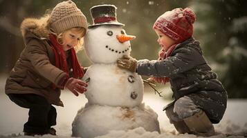 barn spela utomhus i snö. utomhus- roligt för familj jul semester. spelar utomhus. Lycklig barn har roligt med snögubbe. foto