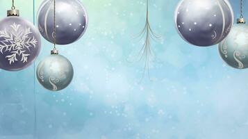 gnistrande jul ornament jul bollar på en snöig bakgrund. kopia Plats. foto
